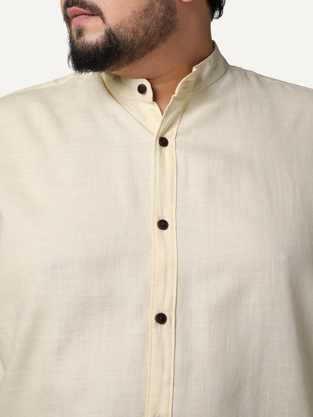 Plus Men's Tender Yellow Linen Blend Full Sleeve Relaxed Fit Mandarin Collar Casual Solid Shirt