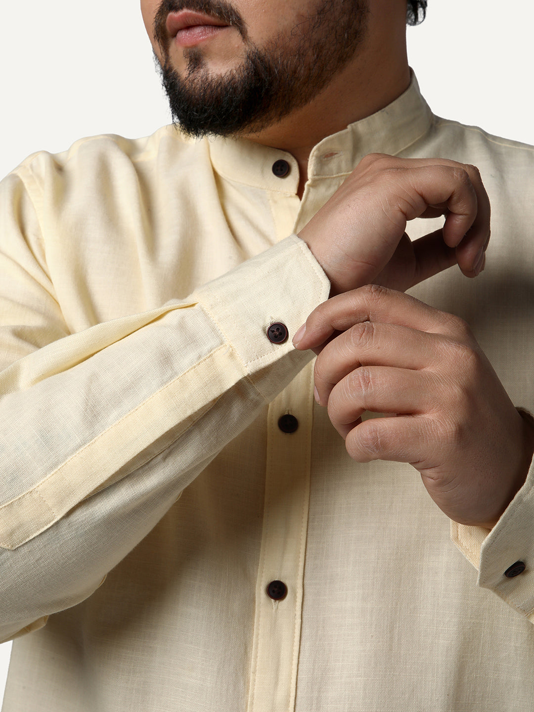 Plus Men's Tender Yellow Linen Blend Full Sleeve Relaxed Fit Mandarin Collar Casual Solid Shirt
