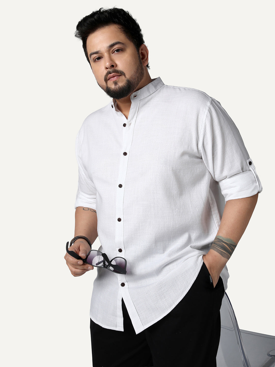 Plus Men's White Linen Blend Full Sleeve Relaxed Fit Mandarin Collar Casual Solid Shirt