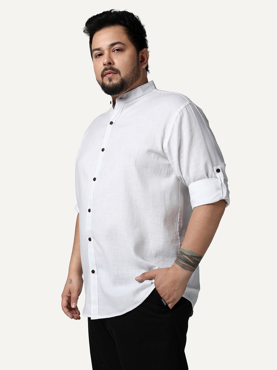 Plus Men's White Linen Blend Full Sleeve Relaxed Fit Mandarin Collar Casual Solid Shirt