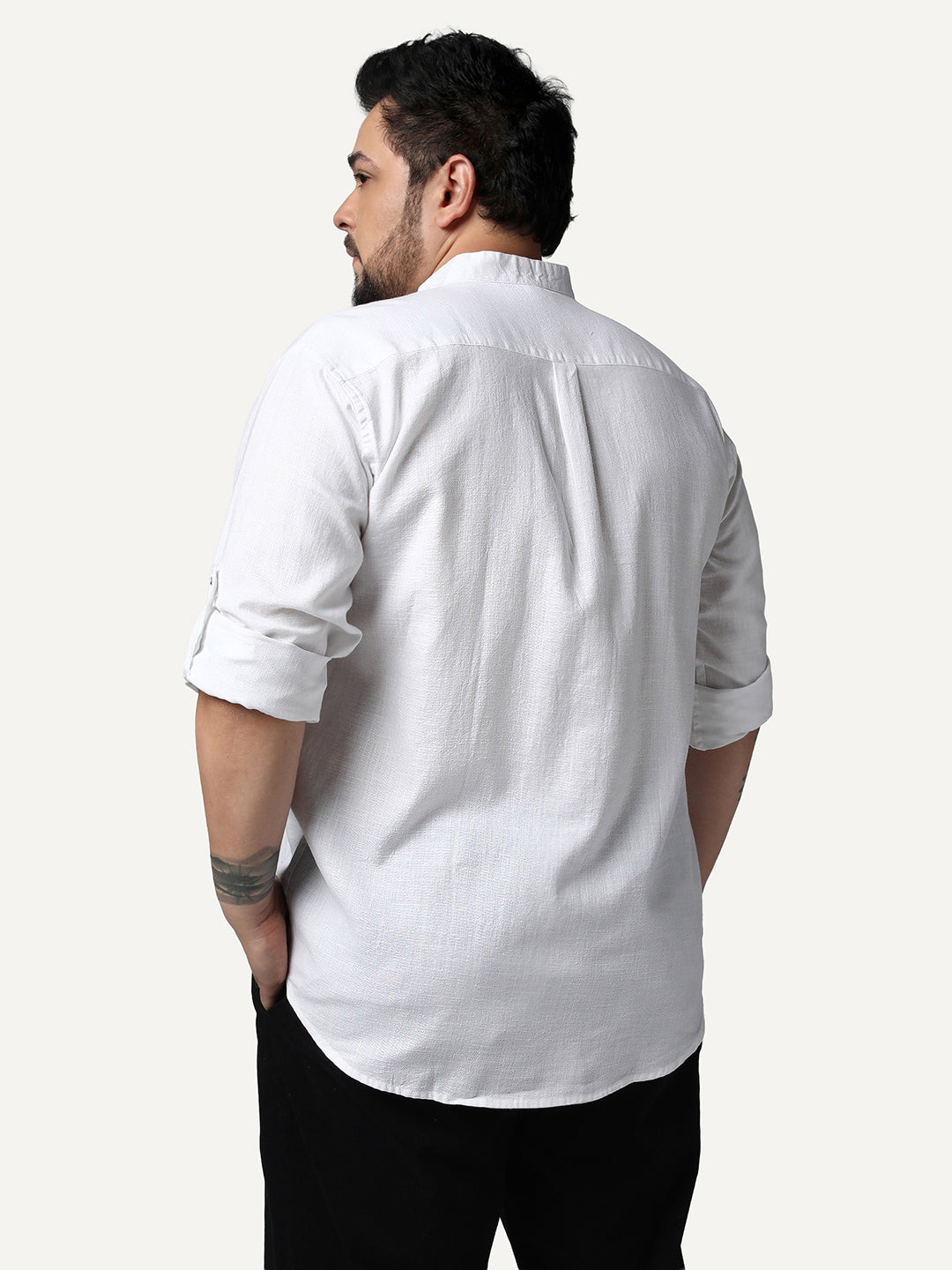 Plus Men's White Linen Blend Full Sleeve Relaxed Fit Mandarin Collar Casual Solid Shirt