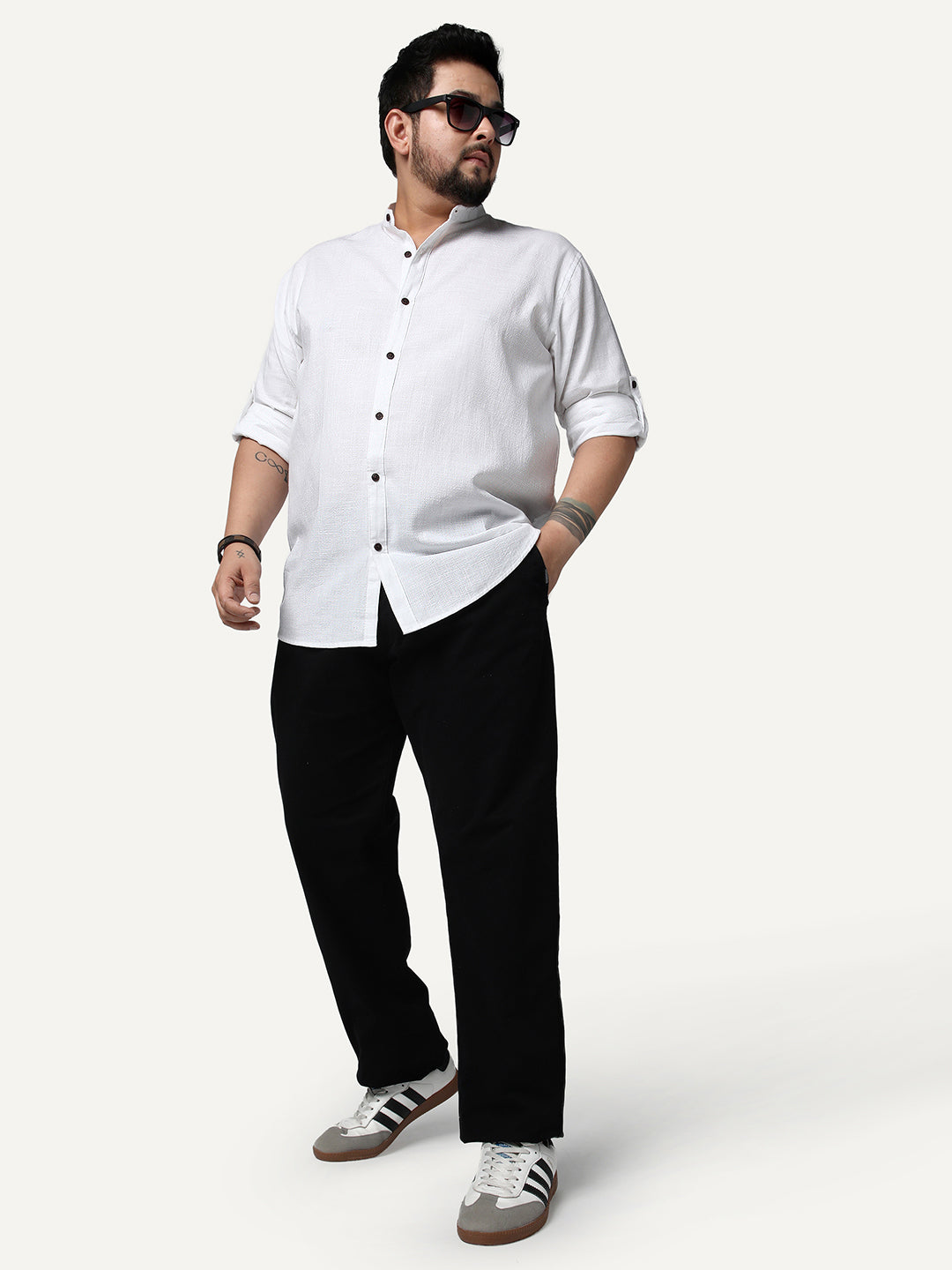 Plus Men's White Linen Blend Full Sleeve Relaxed Fit Mandarin Collar Casual Solid Shirt