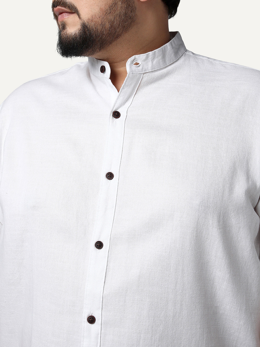 Plus Men's White Linen Blend Full Sleeve Relaxed Fit Mandarin Collar Casual Solid Shirt