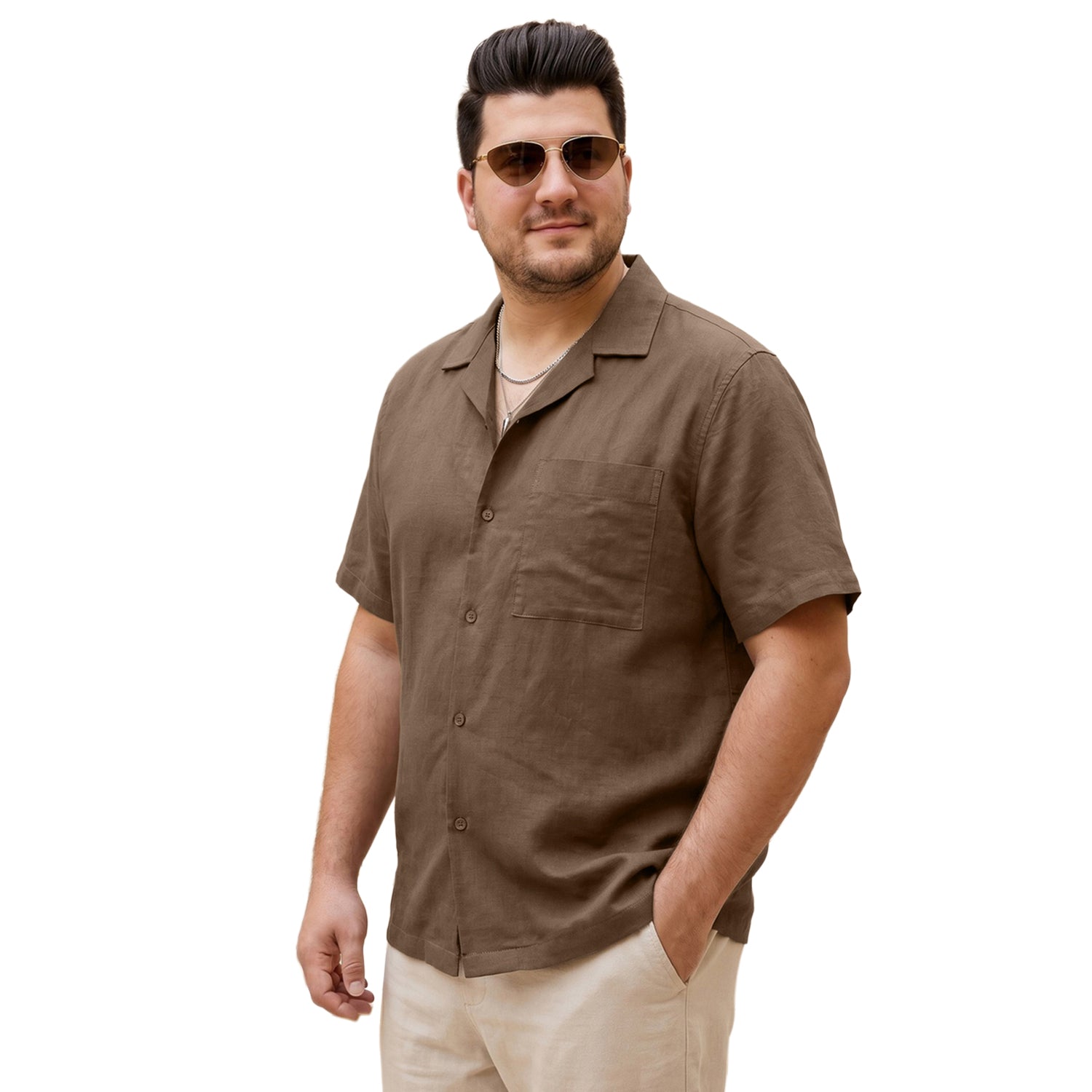 Plus Men's Coffee Linen Half Sleeve Oversized Fit Shirt with Cuban Collar