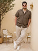 Plus Men's Coffee Linen Half Sleeve Oversized Fit Shirt with Cuban Collar
