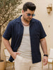Plus Men's Navy Linen Half Sleeve Oversized Fit Shirt with Cuban Collar