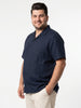 Plus Men's Navy Linen Half Sleeve Oversized Fit Shirt with Cuban Collar