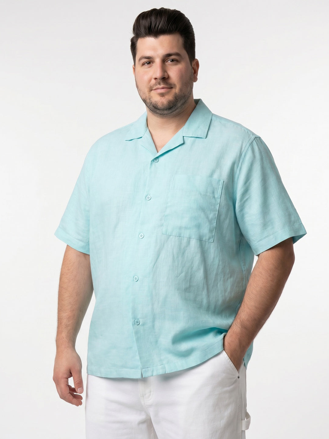 Plus Men's Sky Blue Linen Half Sleeve Oversized Fit Shirt with Cuban Collar