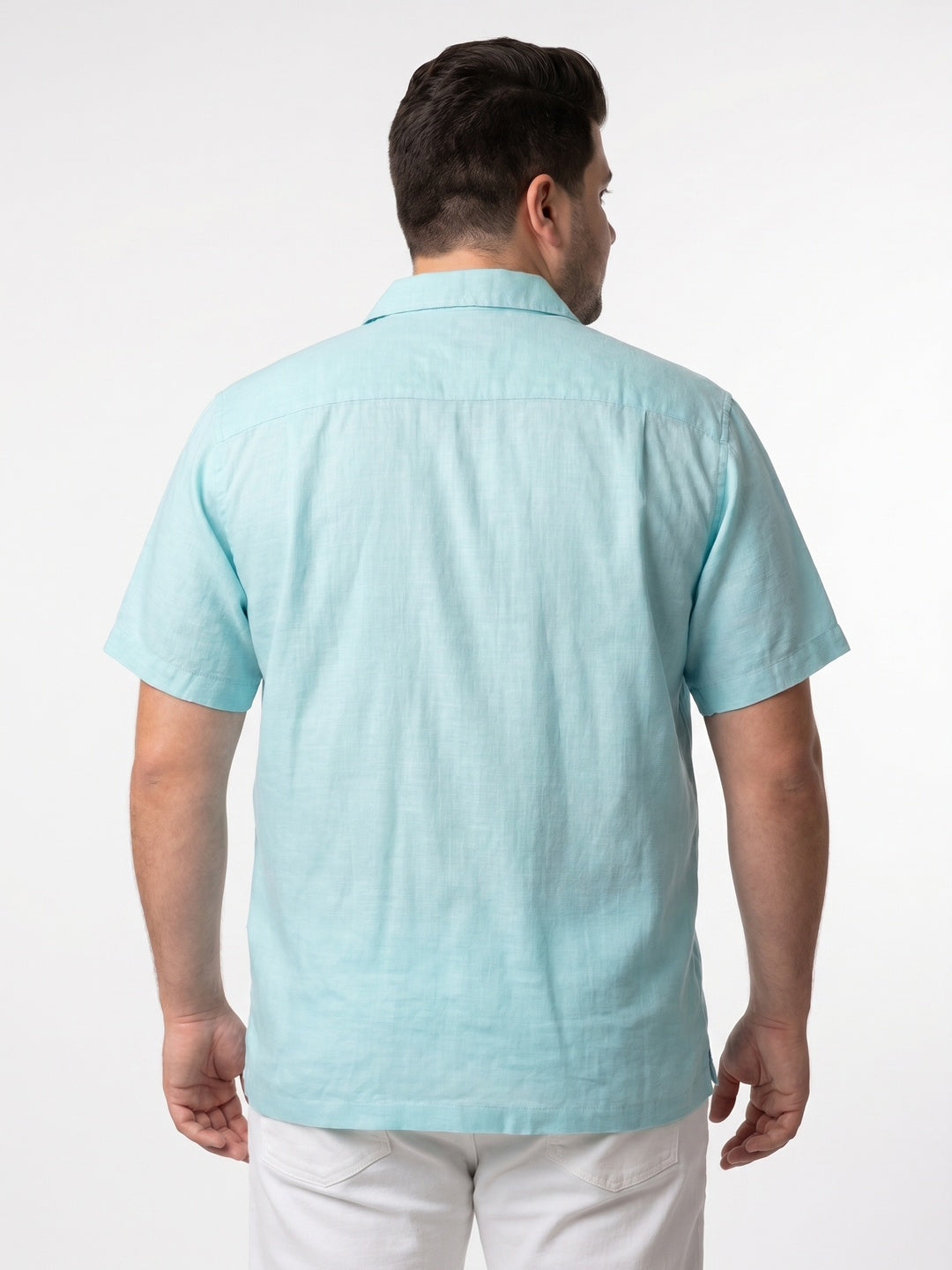 Plus Men's Sky Blue Linen Half Sleeve Oversized Fit Shirt with Cuban Collar