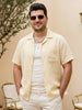Plus Men's Tender Yellow Linen Half Sleeve Oversized Fit Shirt with Cuban Collar