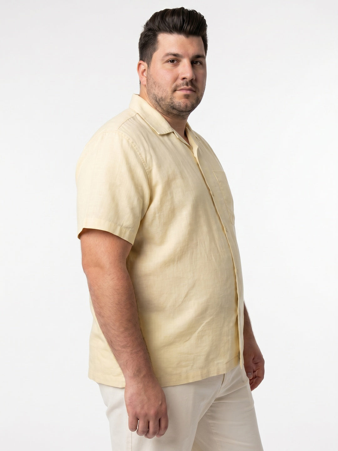 Plus Men's Tender Yellow Linen Half Sleeve Oversized Fit Shirt with Cuban Collar