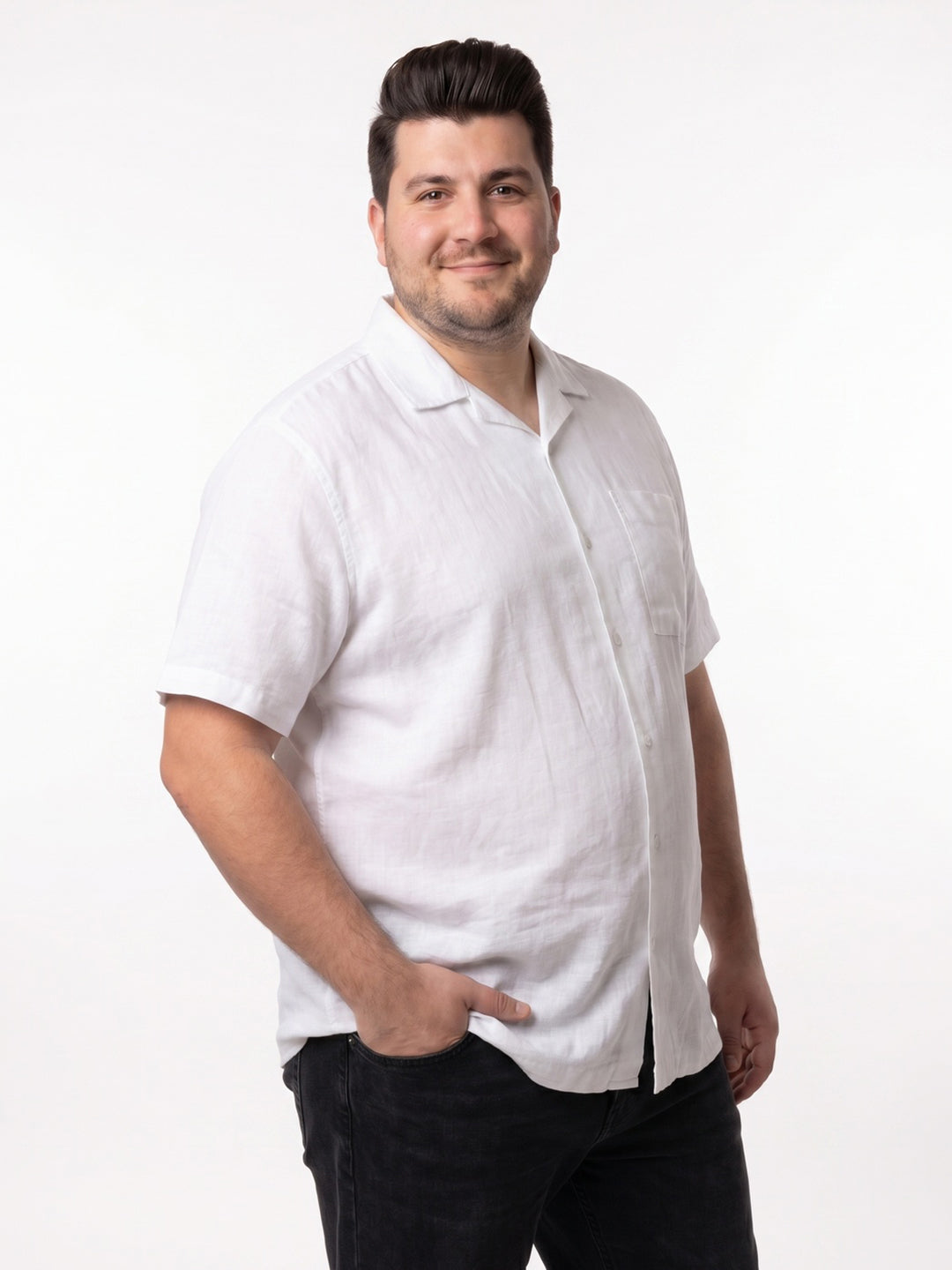 Plus Men's White Linen Half Sleeve Oversized Fit Shirt with Cuban Collar