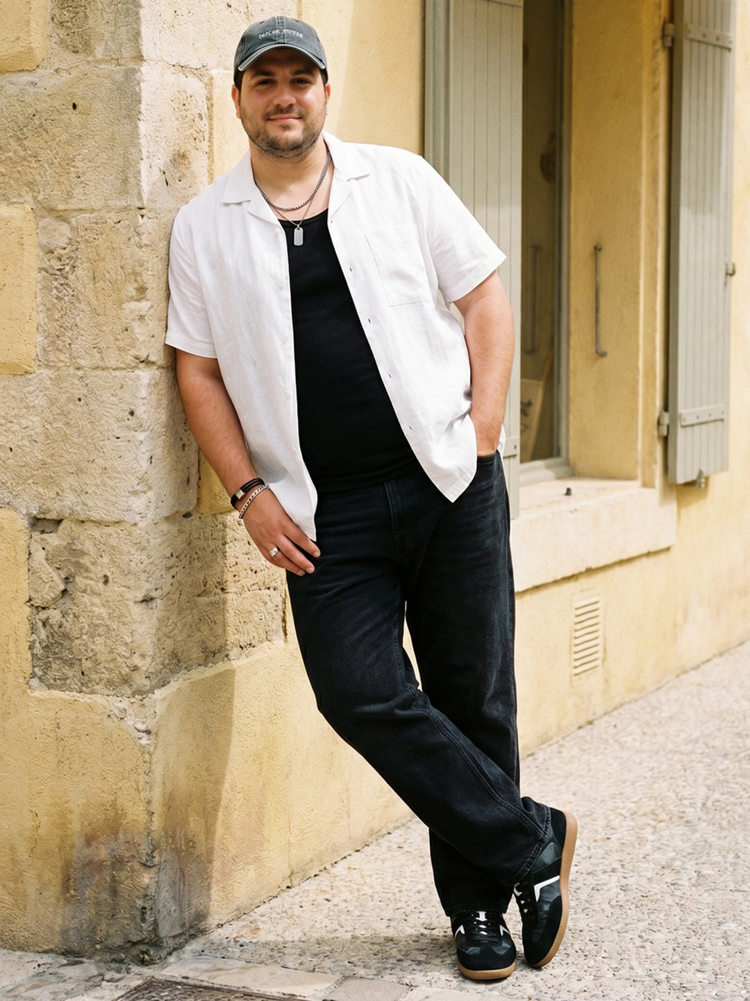 Plus Men's White Linen Half Sleeve Oversized Fit Shirt with Cuban Collar