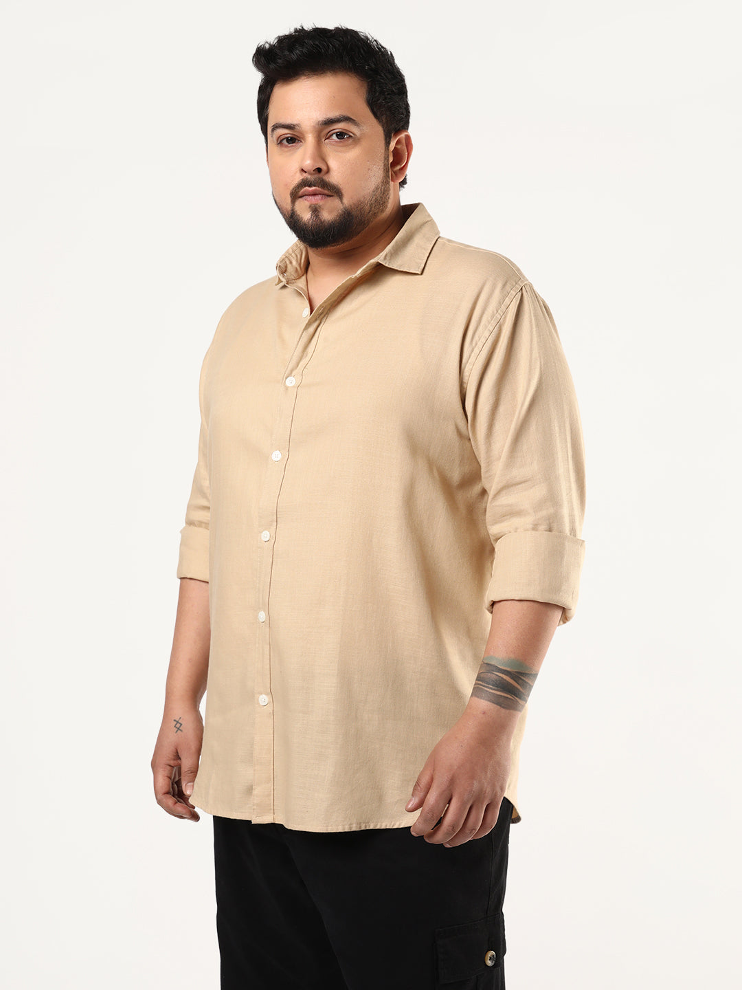 Plus Men's Beige Linen Blend Full Sleeve Relaxed Fit Casual Solid Shirt