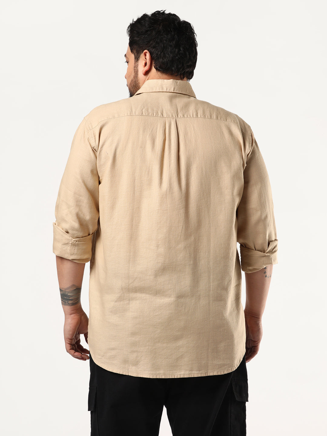Plus Men's Beige Linen Blend Full Sleeve Relaxed Fit Casual Solid Shirt