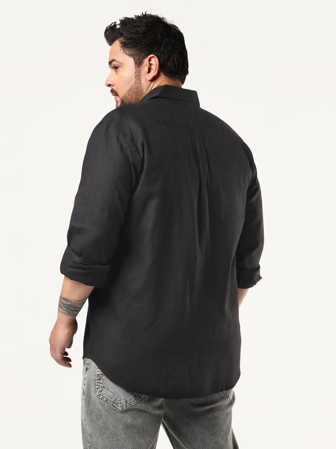 Plus Men's Black Linen Blend Full Sleeve Relaxed Fit Casual Solid Shirt