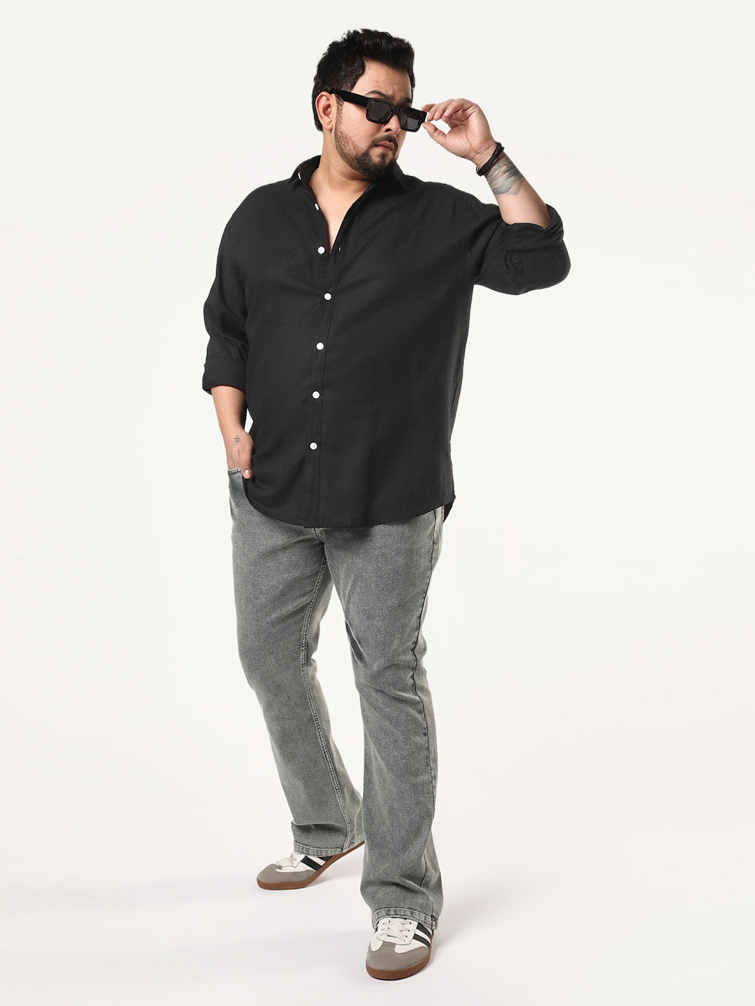 Plus Men's Black Linen Blend Full Sleeve Relaxed Fit Casual Solid Shirt