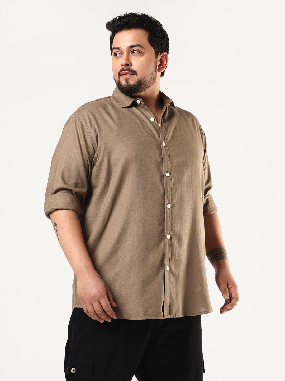 Plus Men's Coffee Linen Blend Full Sleeve Relaxed Fit Casual Solid Shirt