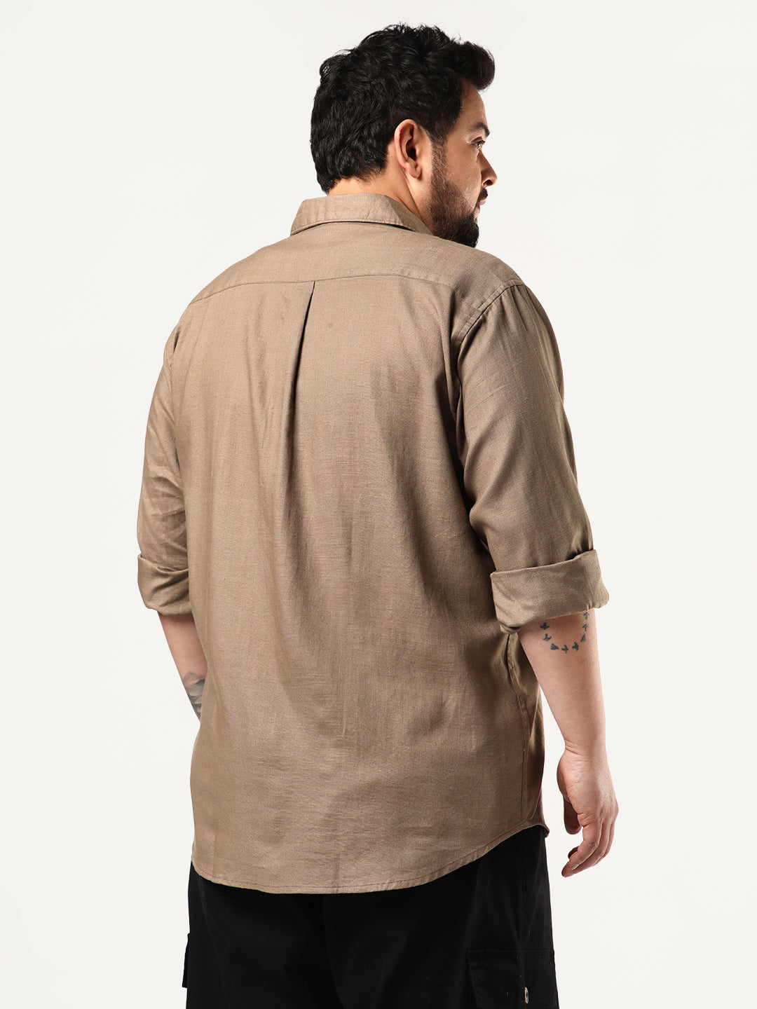 Plus Men's Coffee Linen Blend Full Sleeve Relaxed Fit Casual Solid Shirt