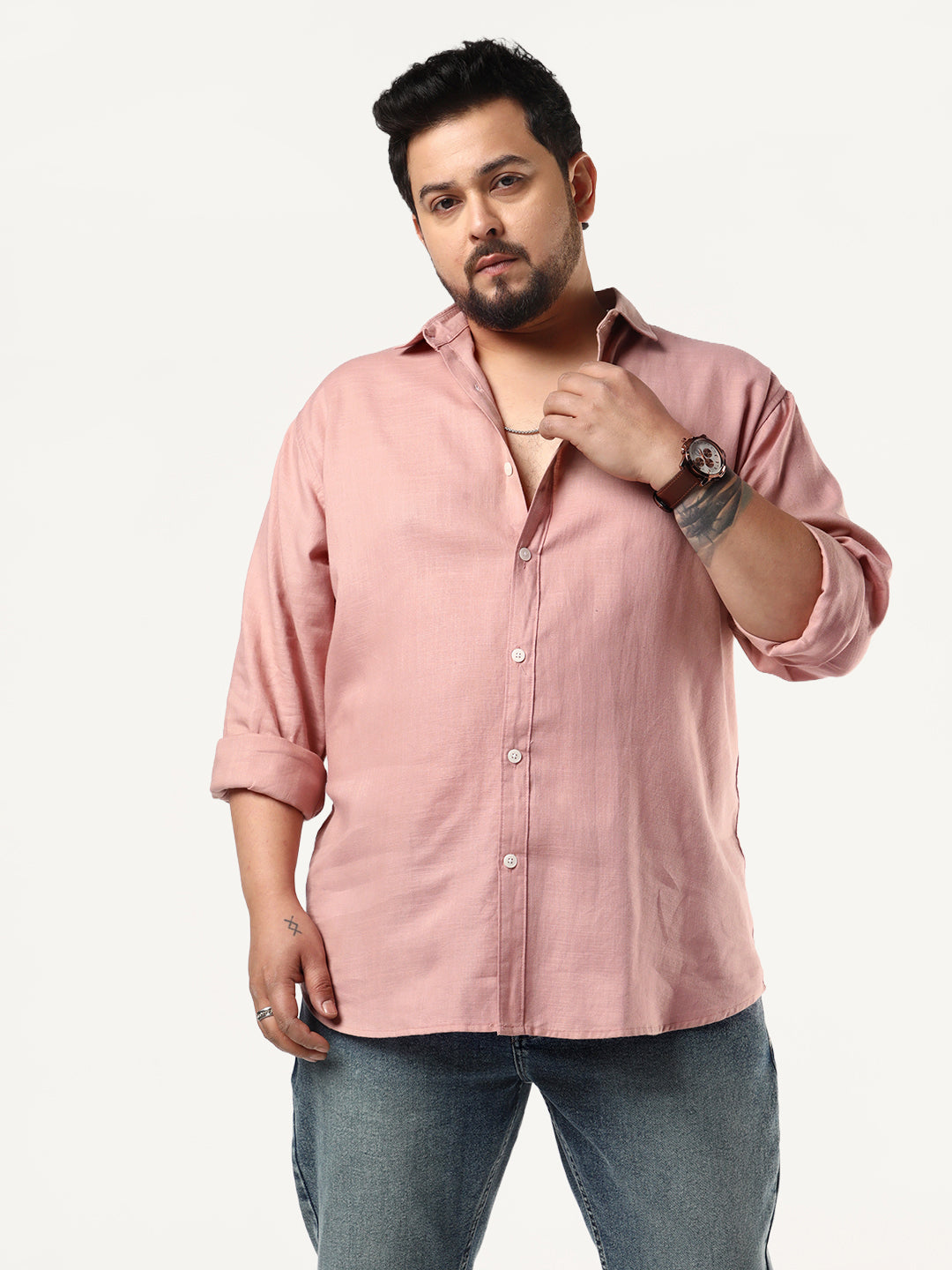 Plus Men's Dusty Pink Linen Blend Full Sleeve Relaxed Fit Casual Solid Shirt