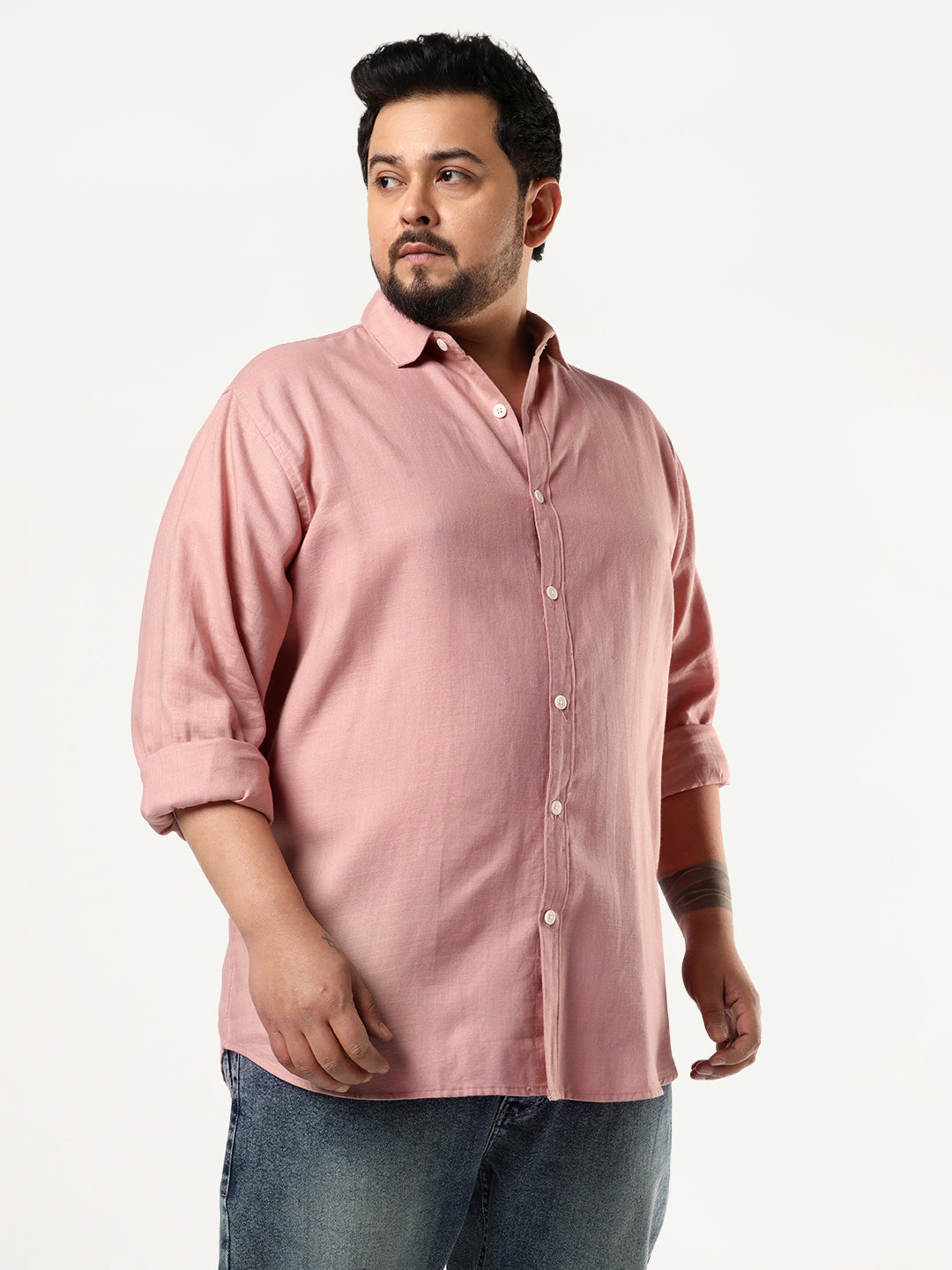 Plus Men's Dusty Pink Linen Blend Full Sleeve Relaxed Fit Casual Solid Shirt
