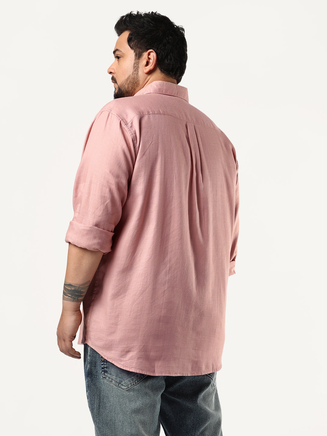 Plus Men's Dusty Pink Linen Blend Full Sleeve Relaxed Fit Casual Solid Shirt
