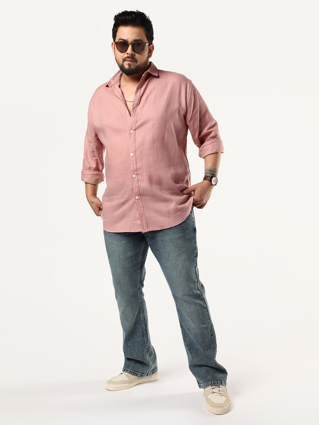 Plus Men's Dusty Pink Linen Blend Full Sleeve Relaxed Fit Casual Solid Shirt
