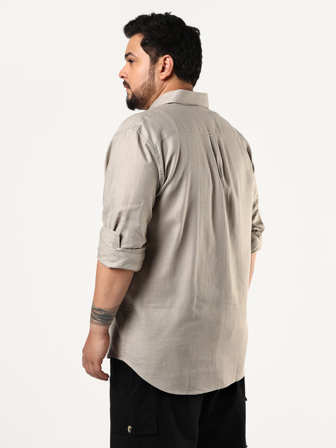 Plus Men's Grey Linen Blend Full Sleeve Relaxed Fit Casual Solid Shirt