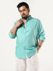 Plus Men's Light Teal Linen Blend Full Sleeve Relaxed Fit Casual Solid Shirt