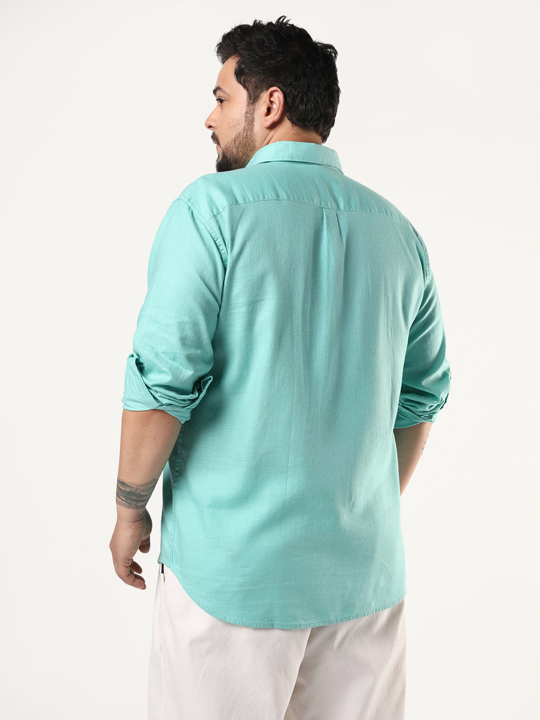 Plus Men's Light Teal Linen Blend Full Sleeve Relaxed Fit Casual Solid Shirt