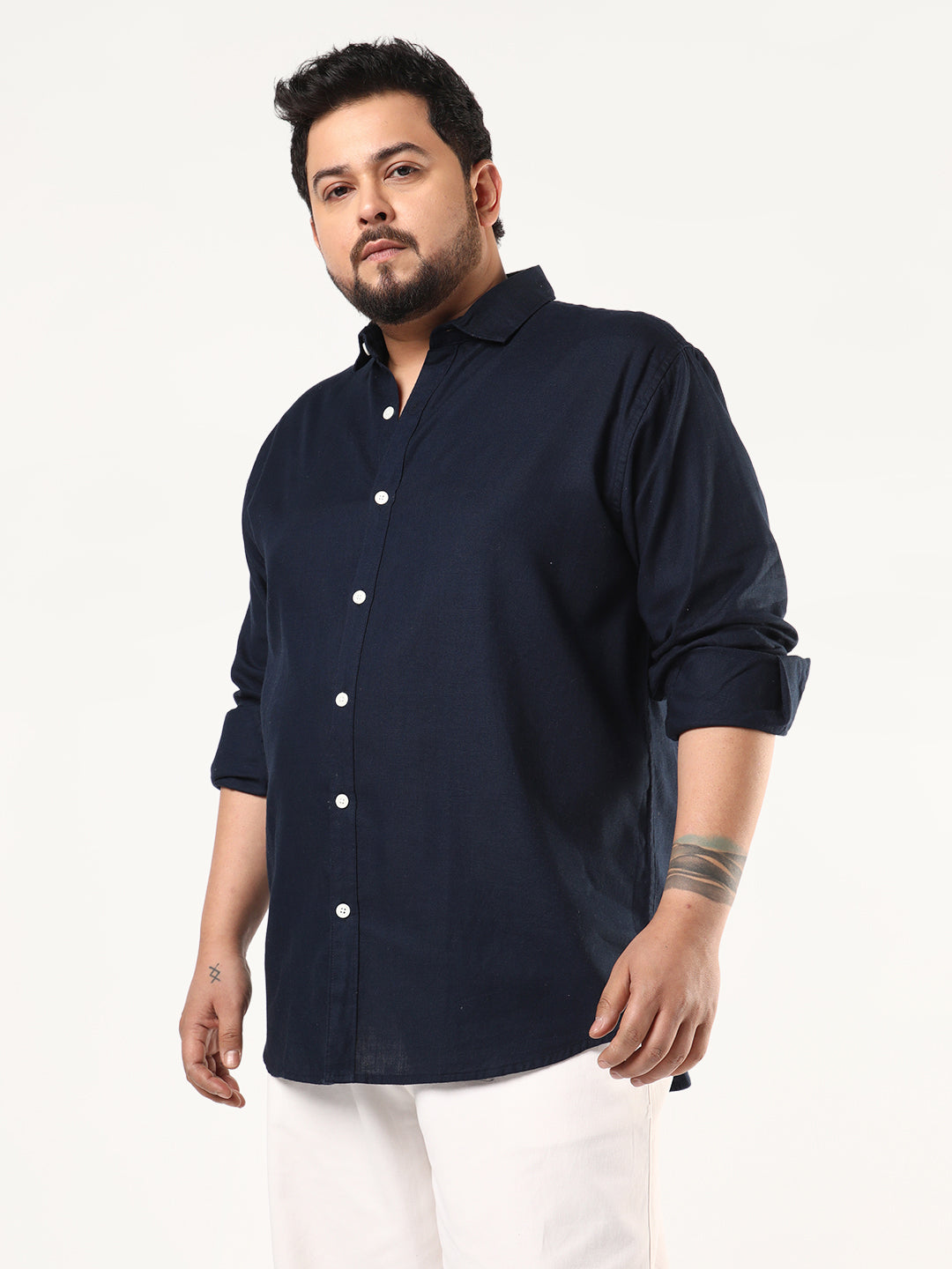 Plus Men's Navy Linen Blend Full Sleeve Relaxed Fit Casual Solid Shirt