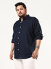 Plus Men's Navy Linen Blend Full Sleeve Relaxed Fit Casual Solid Shirt