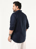 Plus Men's Navy Linen Blend Full Sleeve Relaxed Fit Casual Solid Shirt