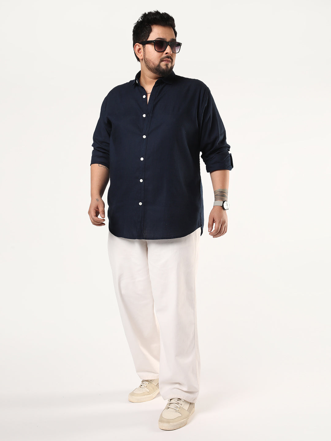 Plus Men's Navy Linen Blend Full Sleeve Relaxed Fit Casual Solid Shirt