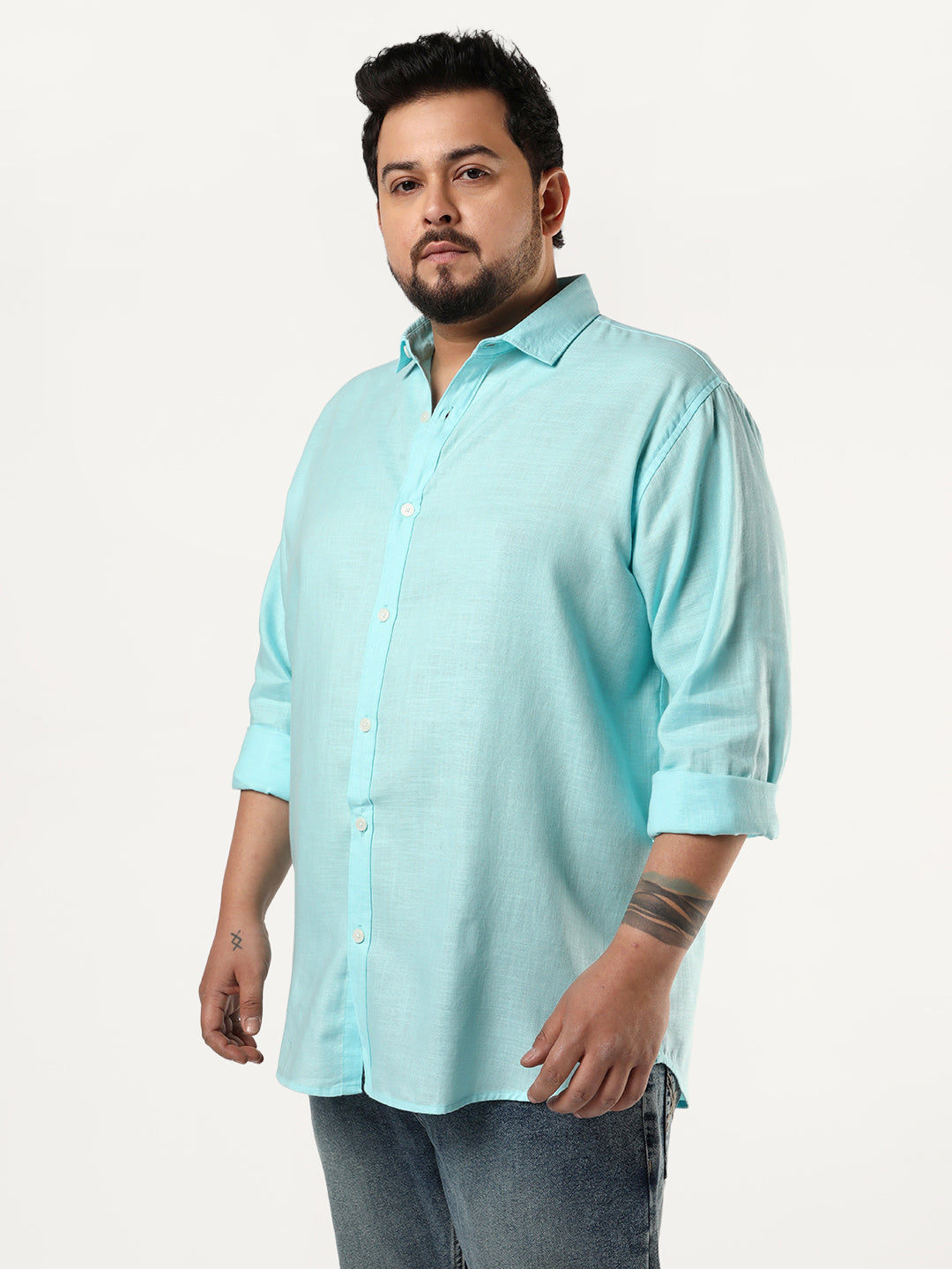 Plus Men's Sky Blue Linen Blend Full Sleeve Relaxed Fit Casual Solid Shirt