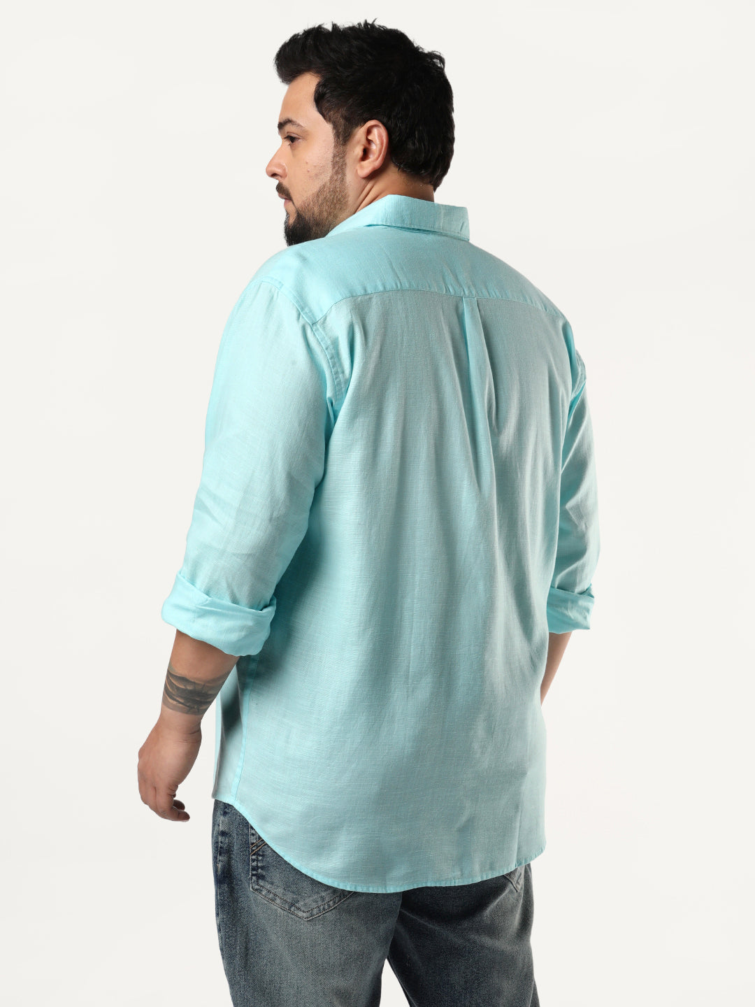 Plus Men's Sky Blue Linen Blend Full Sleeve Relaxed Fit Casual Solid Shirt