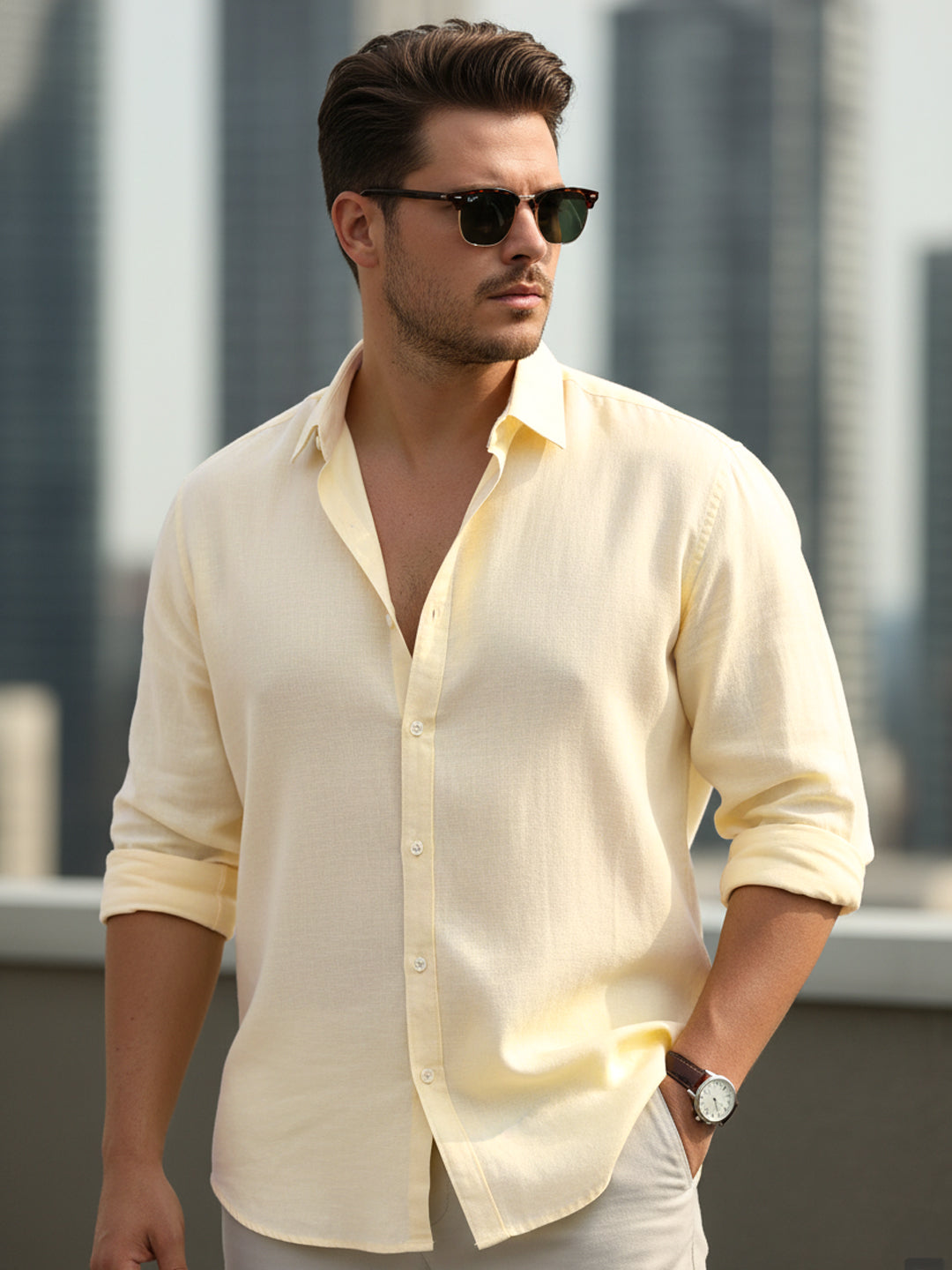 Plus Men's Tender Yellow Linen Blend Full Sleeve Relaxed Fit Casual Solid Shirt