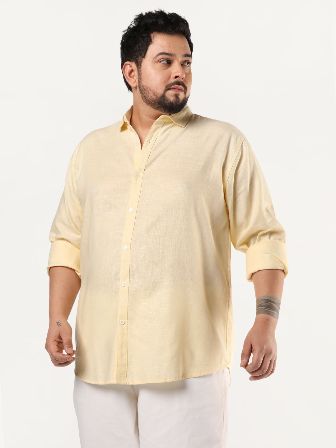 Plus Men's Tender Yellow Linen Blend Full Sleeve Relaxed Fit Casual Solid Shirt
