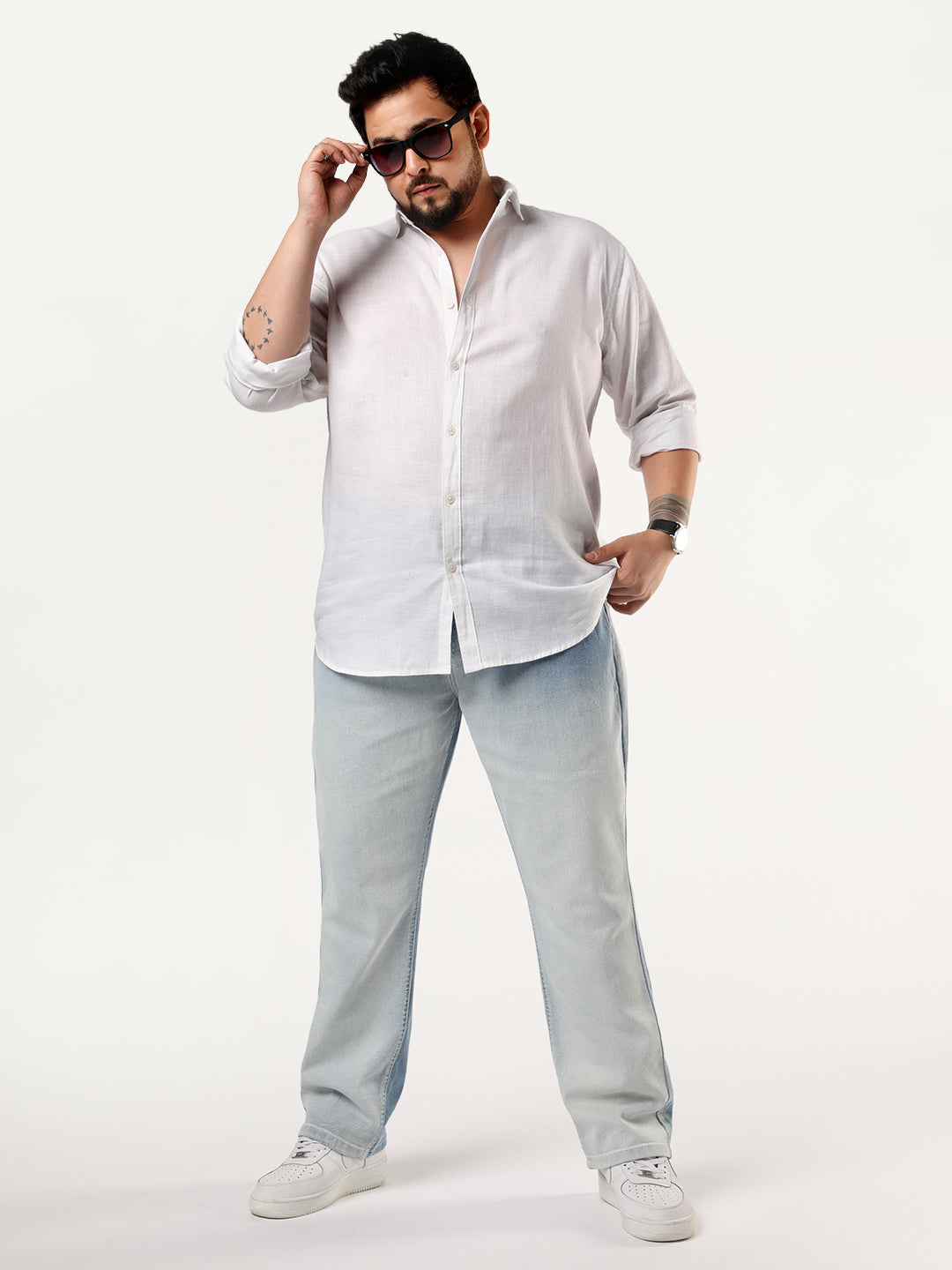 Plus Men's White Linen Blend Full Sleeve Relaxed Fit Casual Solid Shirt