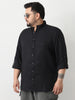Plus Men's Black Linen Blend Full Sleeve Relaxed Fit Mandarin Collar Casual Solid Shirt