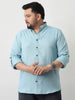 Plus Men's Light Blue Linen Blend Full Sleeve Relaxed Fit Mandarin Collar Casual Solid Shirt