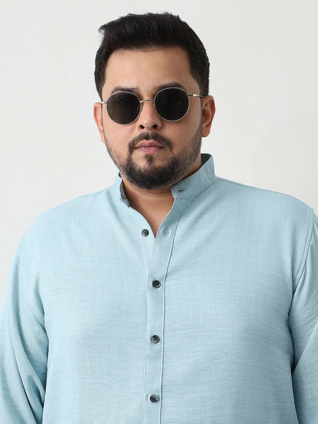 Plus Men's Light Blue Linen Blend Full Sleeve Relaxed Fit Mandarin Collar Casual Solid Shirt