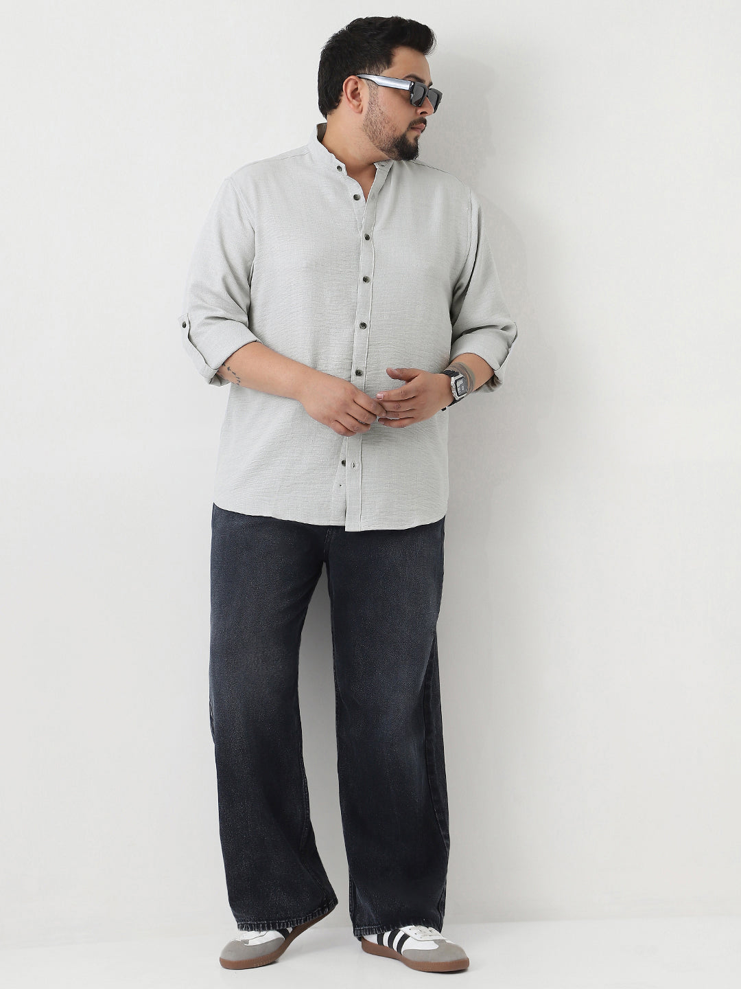 Plus Men's Light Grey Linen Blend Full Sleeve Relaxed Fit Mandarin Collar Casual Solid Shirt