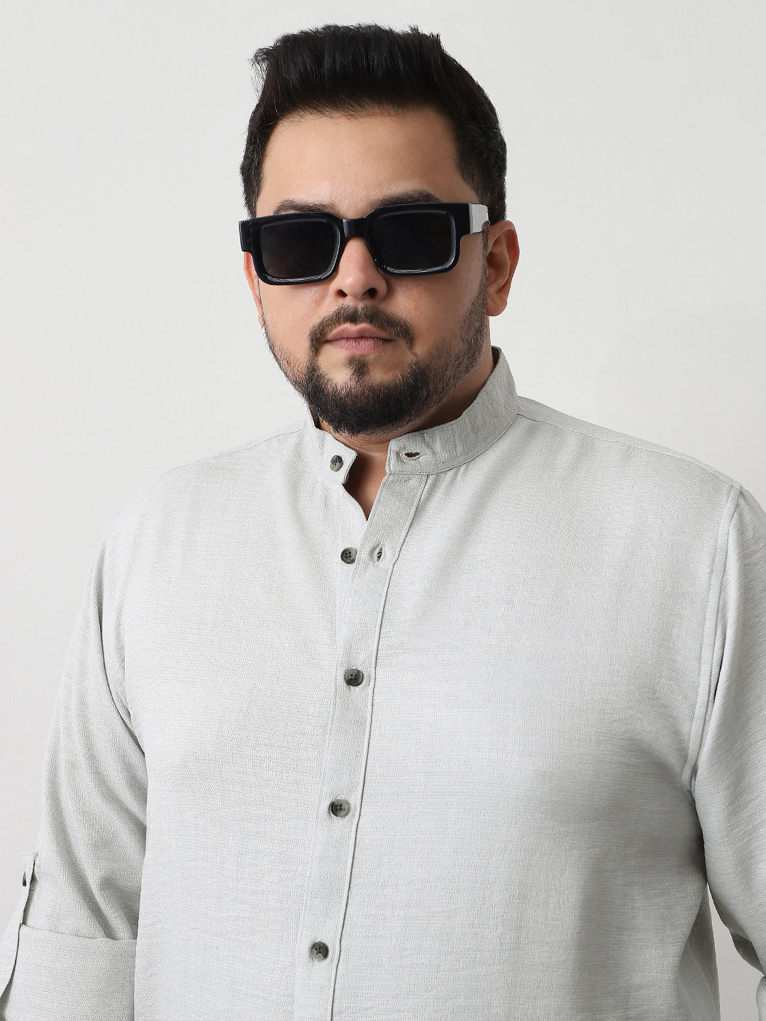 Plus Men's Light Grey Linen Blend Full Sleeve Relaxed Fit Mandarin Collar Casual Solid Shirt