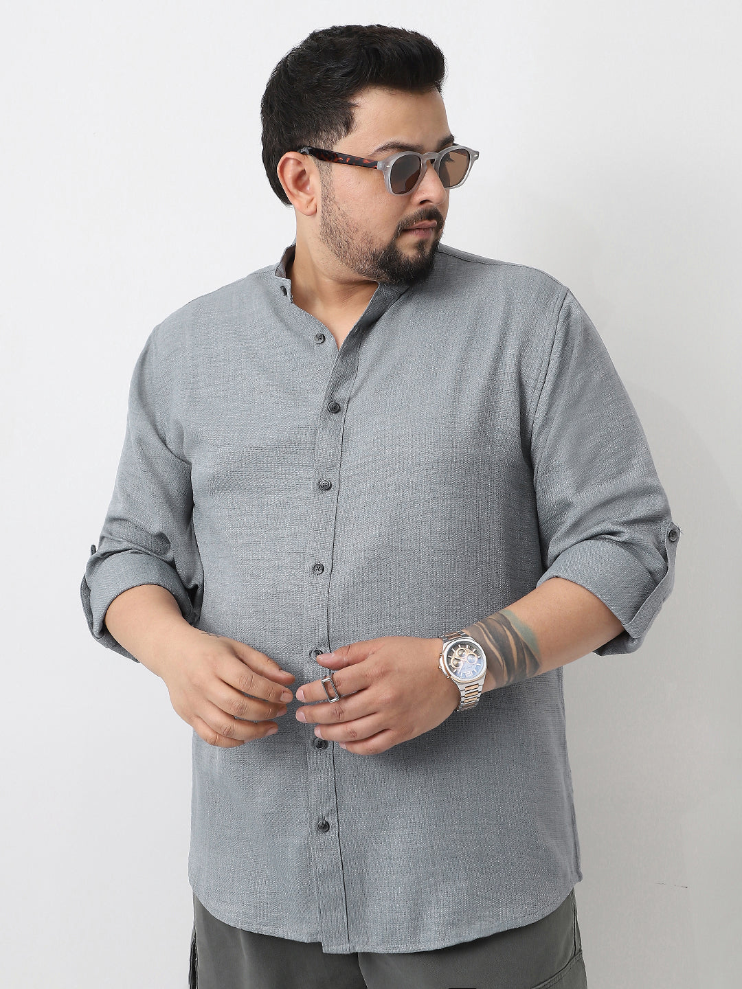 Plus Men's Metallic Blue Linen Blend Full Sleeve Relaxed Fit Mandarin Collar Casual Solid Shirt