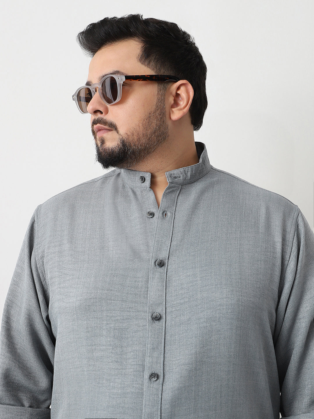 Plus Men's Metallic Blue Linen Blend Full Sleeve Relaxed Fit Mandarin Collar Casual Solid Shirt