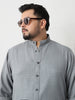 Plus Men's Metallic Blue Linen Blend Full Sleeve Relaxed Fit Mandarin Collar Casual Solid Shirt