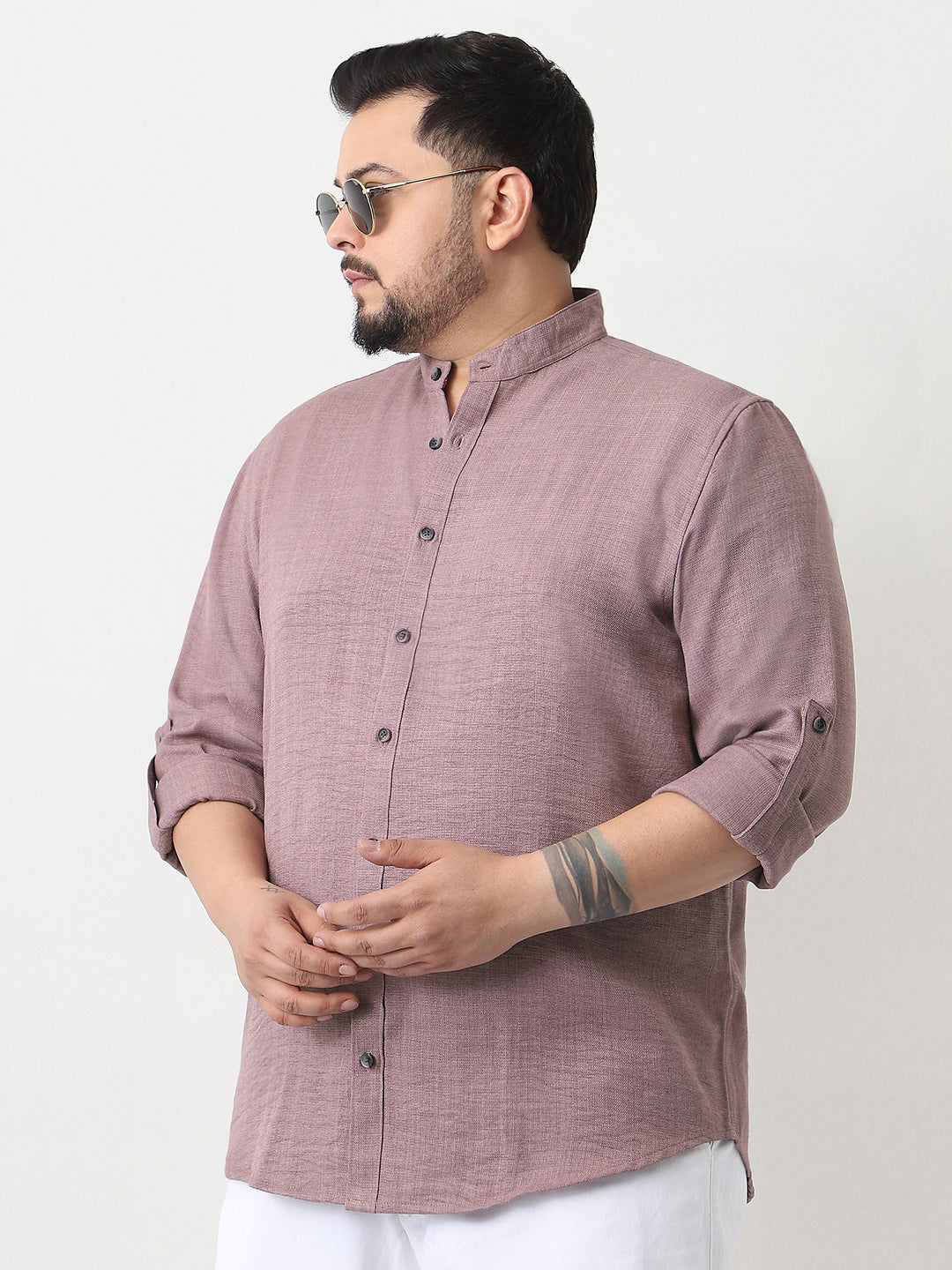 Plus Men's Purple Linen Blend Full Sleeve Relaxed Fit Mandarin Collar Casual Solid Shirt