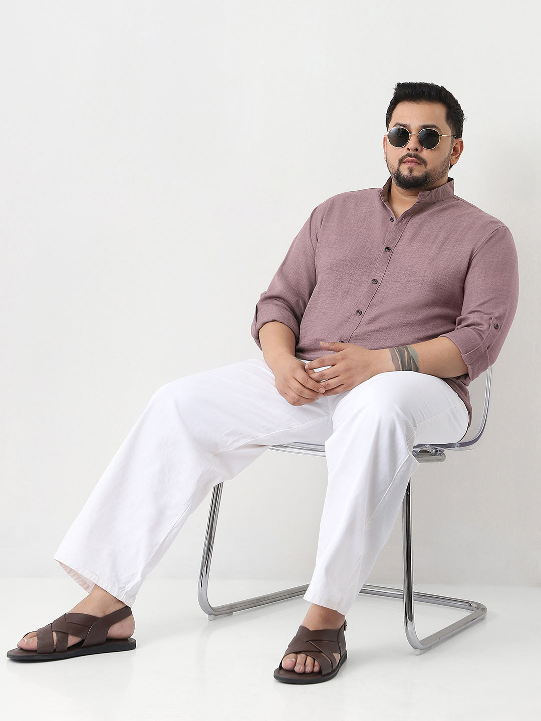 Plus Men's Purple Linen Blend Full Sleeve Relaxed Fit Mandarin Collar Casual Solid Shirt