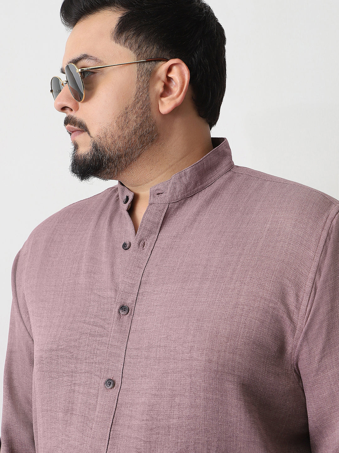 Plus Men's Purple Linen Blend Full Sleeve Relaxed Fit Mandarin Collar Casual Solid Shirt